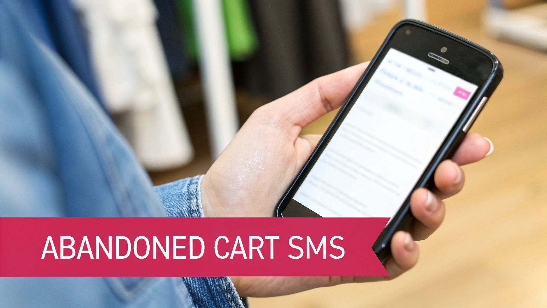 A hand holds a smartphone displaying content, with a 'Abandoned Cart SMS' banner.