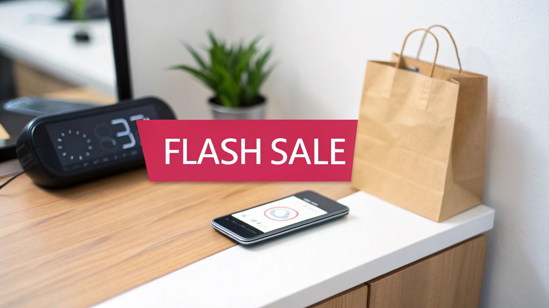 A vibrant 'FLASH SALE' banner over a modern desk with a smartphone, alarm clock, and shopping bag.