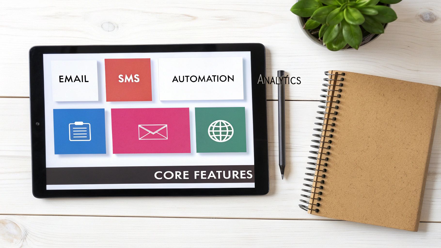 Overhead view of a tablet displaying core customer engagement platform features like email, SMS, and automation.