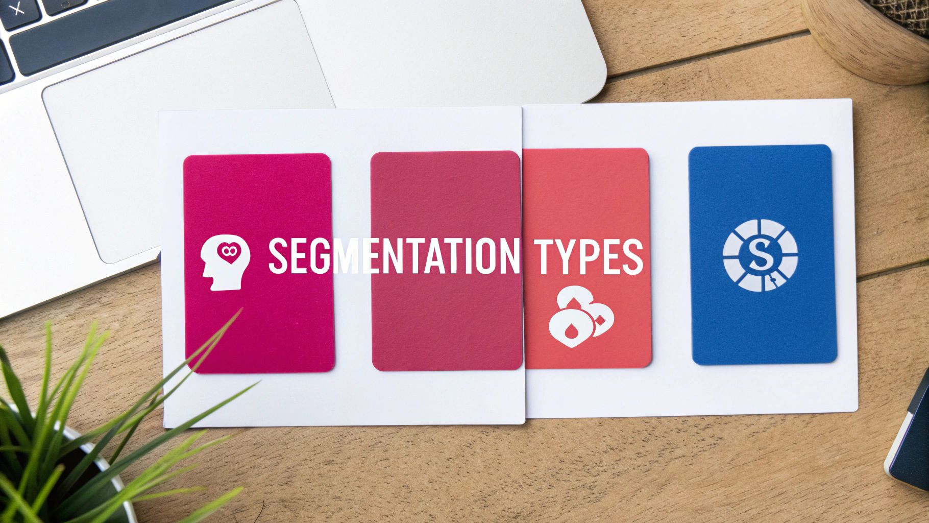 Overhead view of cards displaying different segmentation types with illustrative icons on a wooden desk.