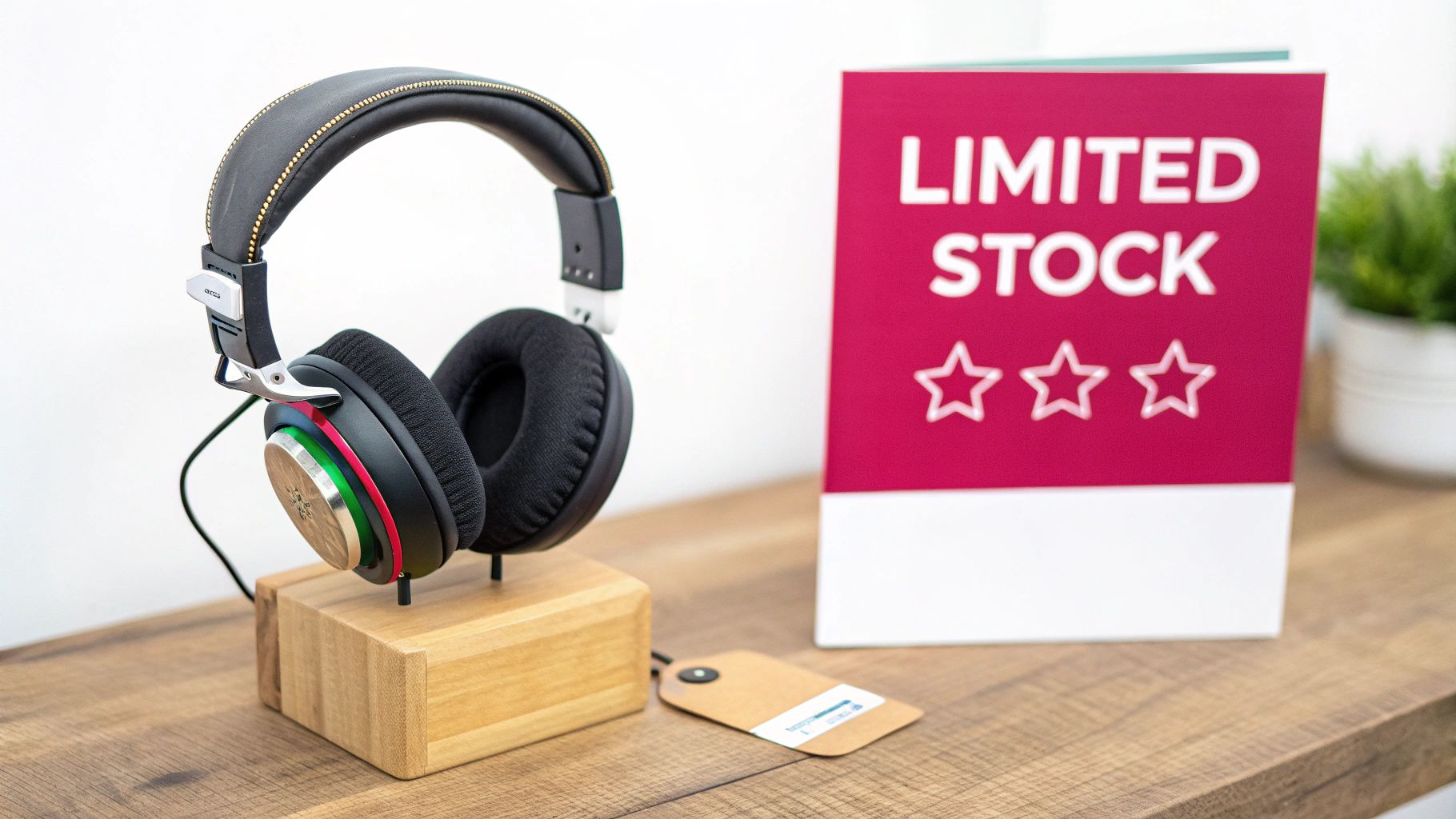 Black headphones on a wooden stand next to a red 'LIMITED STOCK' sign with three stars.