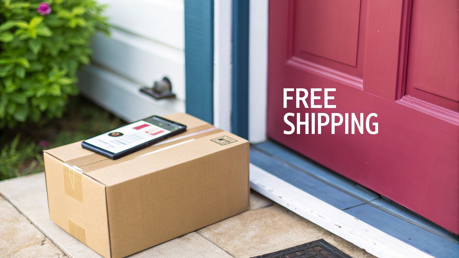 Cardboard delivery box with a phone on a porch, featuring a red door with 'FREE SHIPPING' message.
