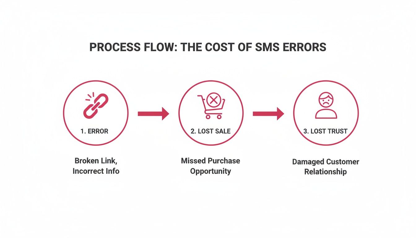 A process flow diagram illustrating the negative consequences of SMS errors, from broken links to lost sales and damaged customer trust.