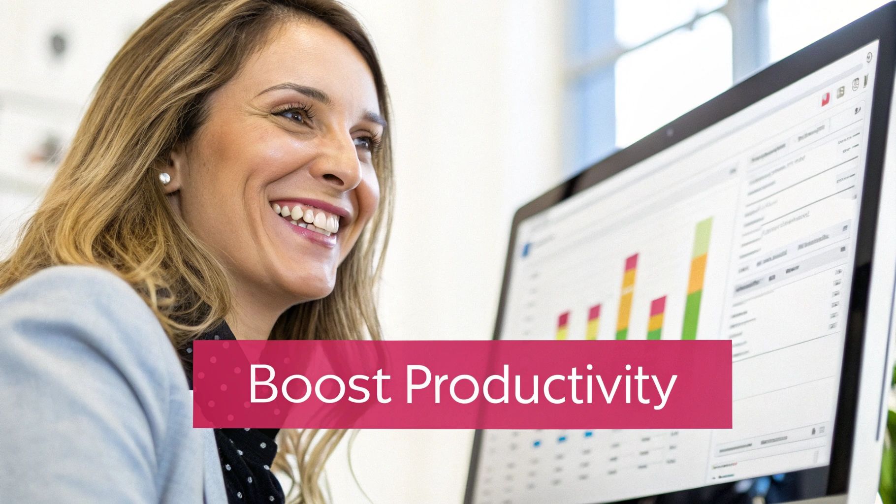 A bar chart and graph on a tablet screen showing upward trends in sales and productivity.