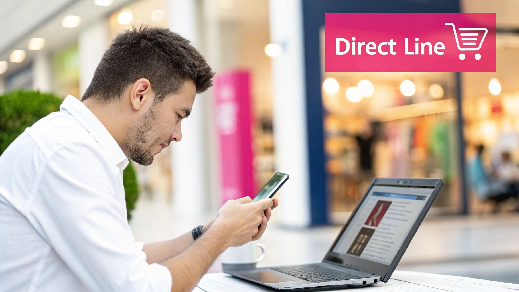 A man in a white shirt using a smartphone and laptop in a brightly lit indoor space.