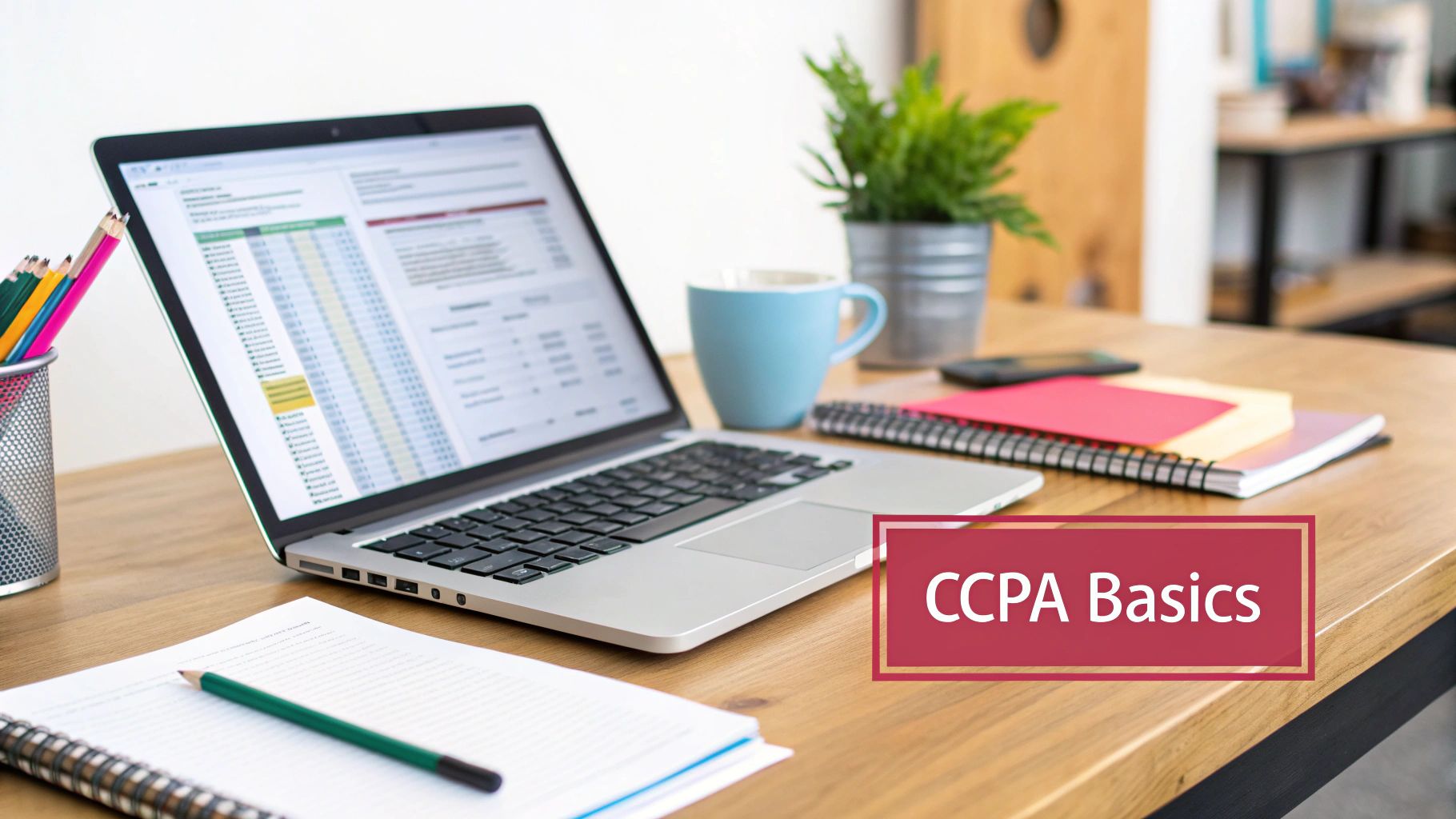 A modern desk with a laptop displaying data, notebooks, a plant, and a coffee mug, featuring 'CCPA Basics' text.