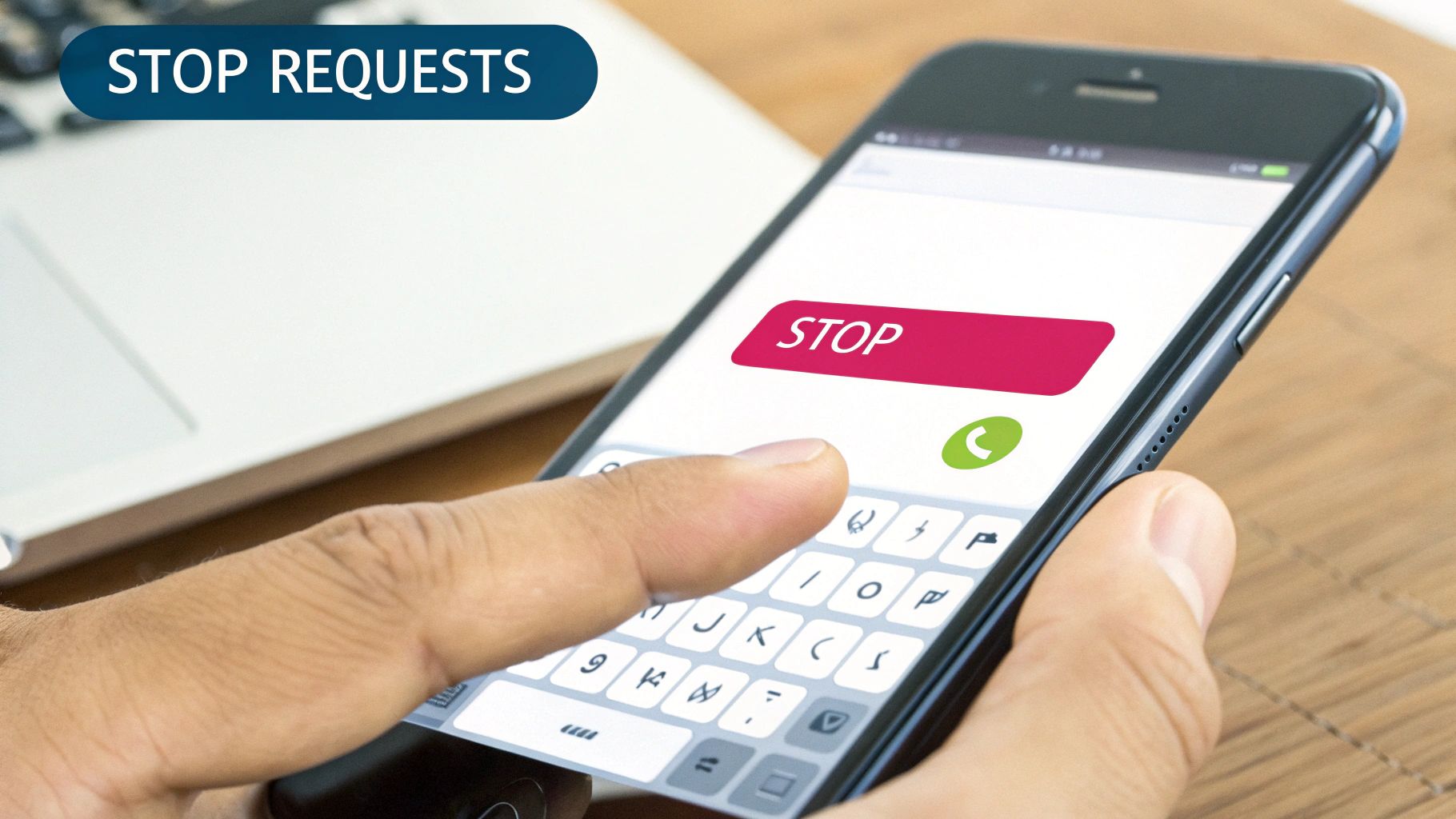 A hand types 'STOP' on a smartphone screen, indicating a request to halt messages or services.