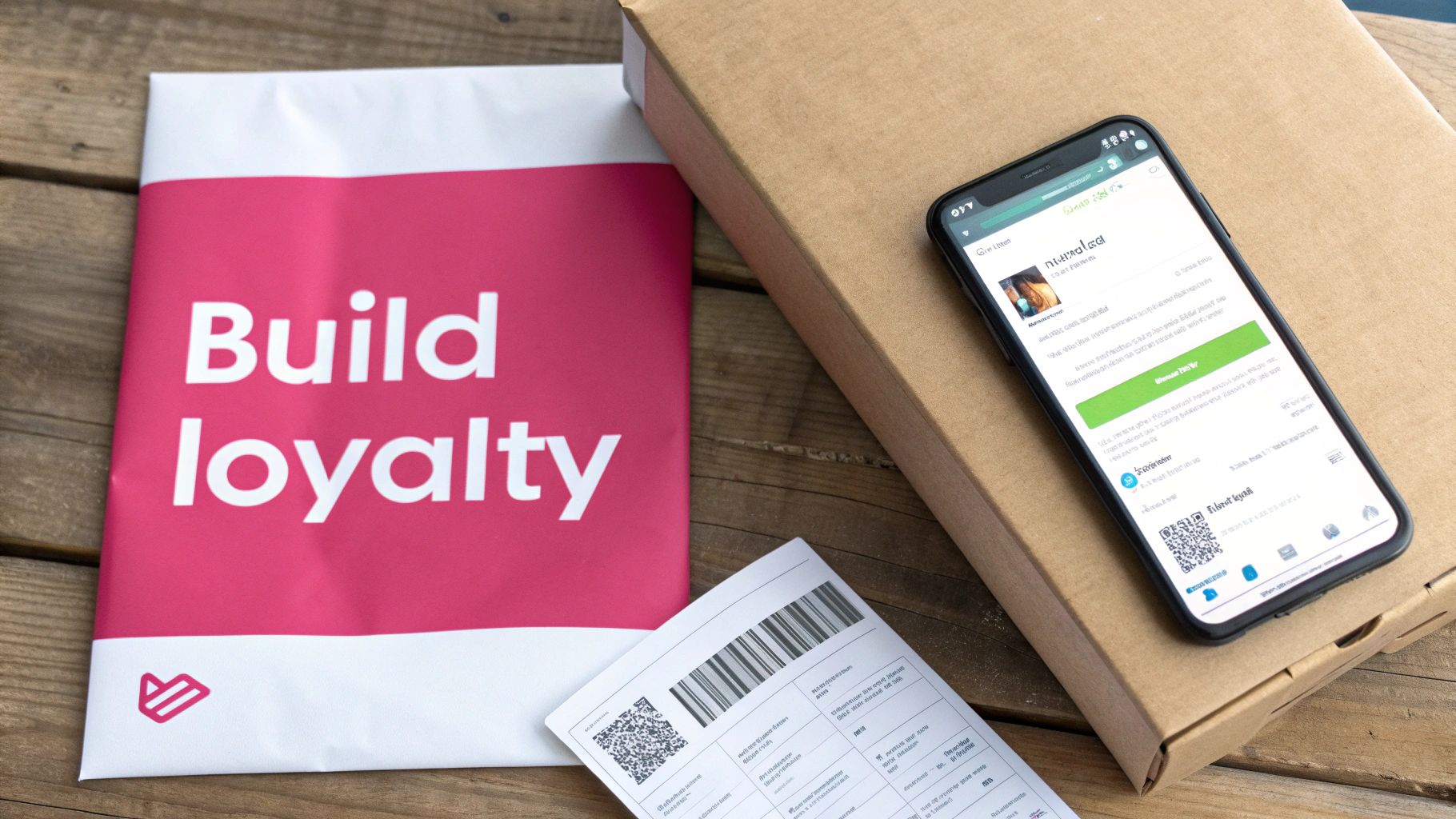 A pink package with 'Build loyalty' text, a smartphone showing an app, and a shipping label on a wooden table.