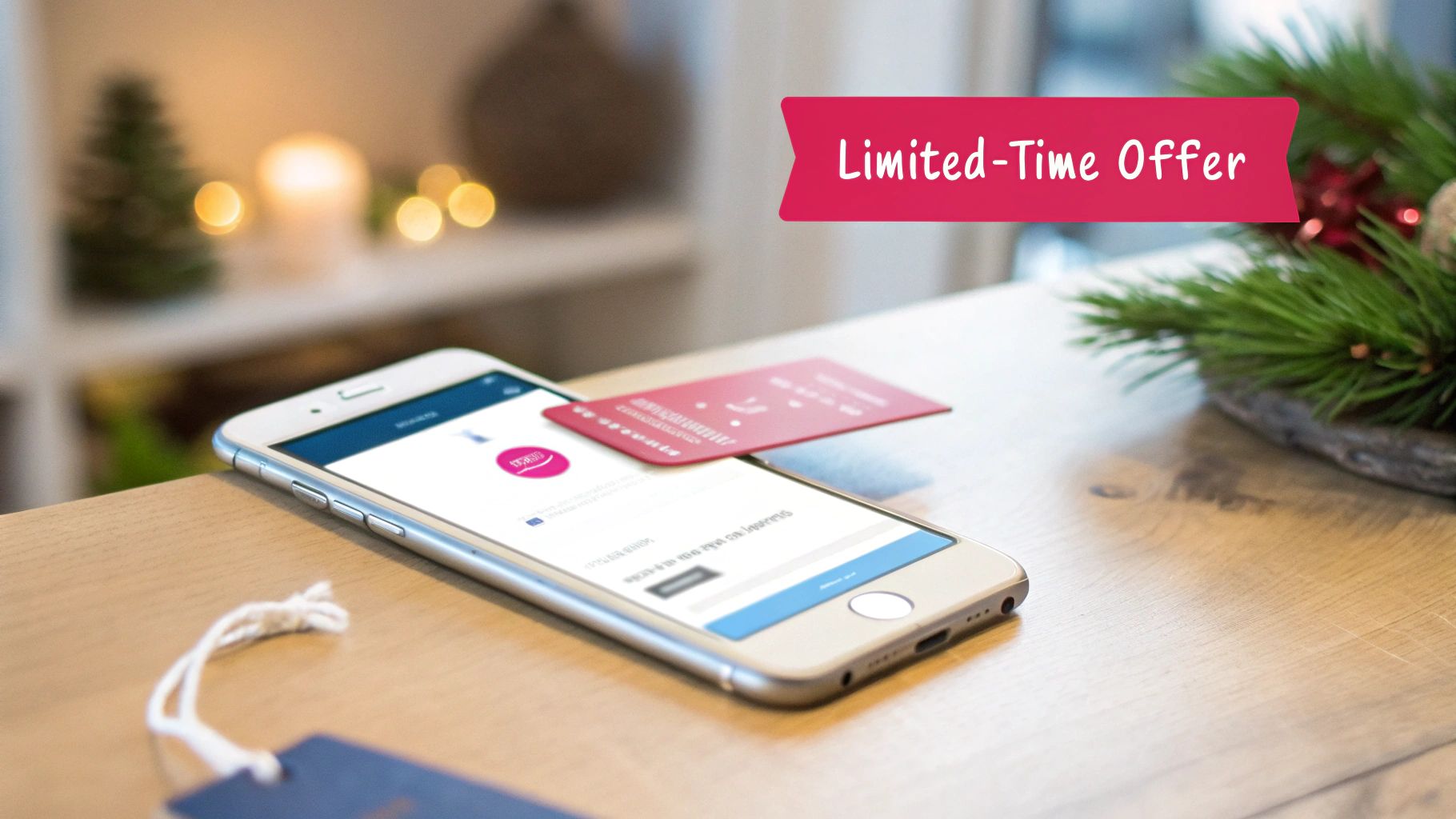 A smartphone displays a digital offer and a pink card, with a 'Limited-Time Offer' banner, against a blurred festive background.