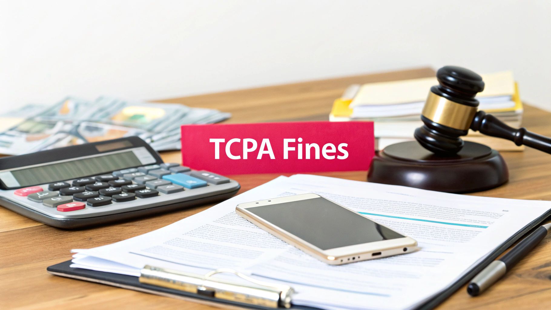 A desk with a calculator, money, 'TCPA Fines' sign, smartphone, documents, and a judge's gavel.