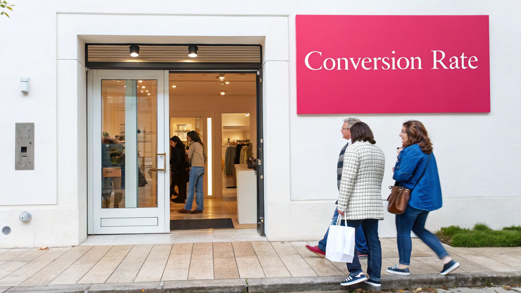 Stylized graphic showing a rising arrow with percentage signs, symbolizing an increasing conversion rate.