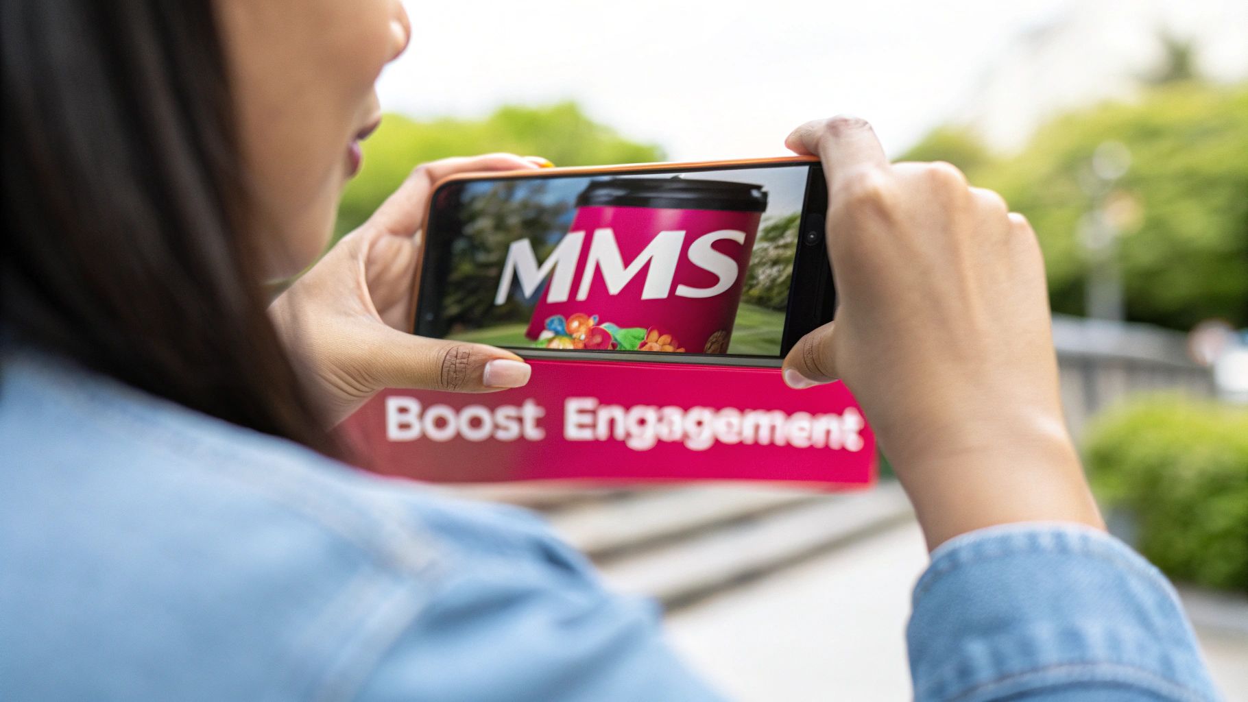 Person holding smartphone displaying MMS text with colorful graphics and boost engagement message outdoors