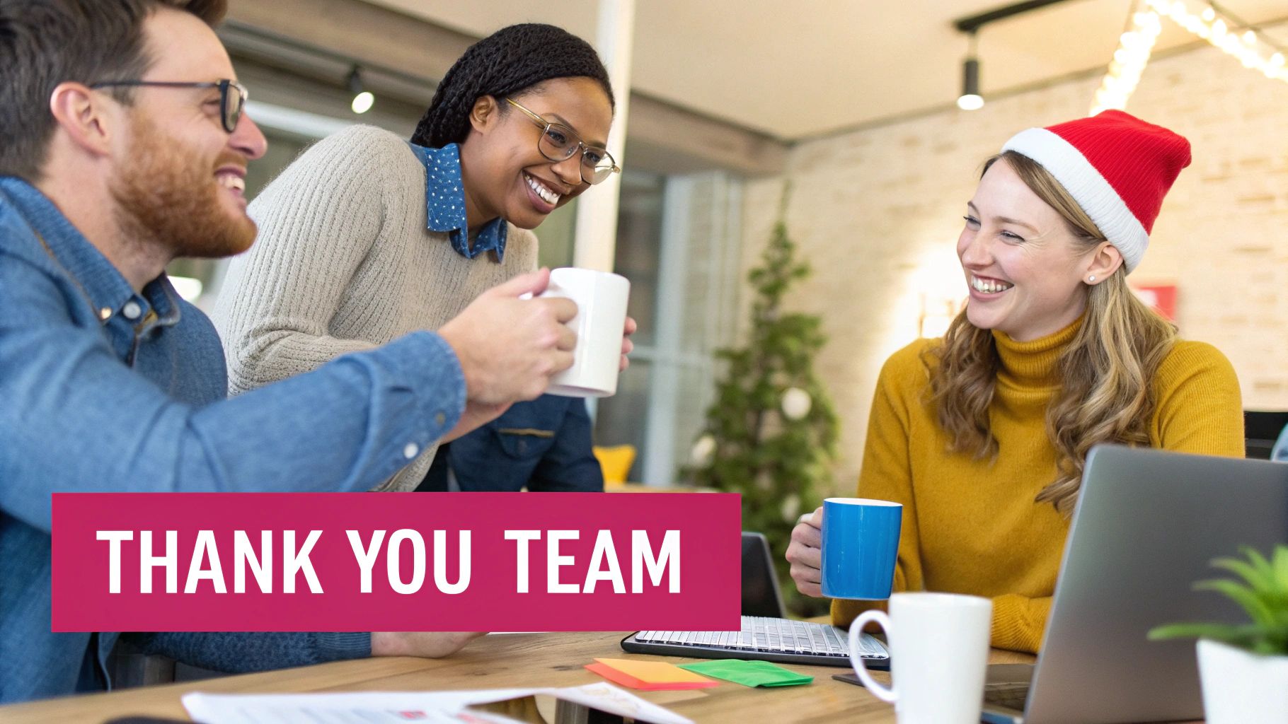 Diverse team sharing a laugh and drinks at a festive office, with a "THANK YOU TEAM" banner.