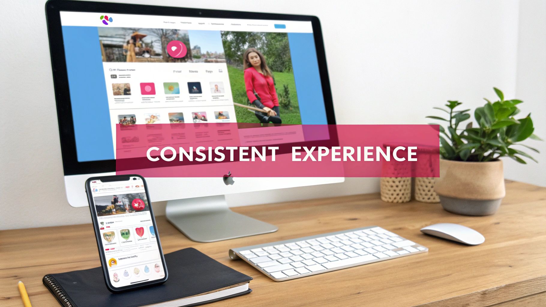 A desk with an iMac and iPhone displaying a consistent website experience, alongside a keyboard and plant.