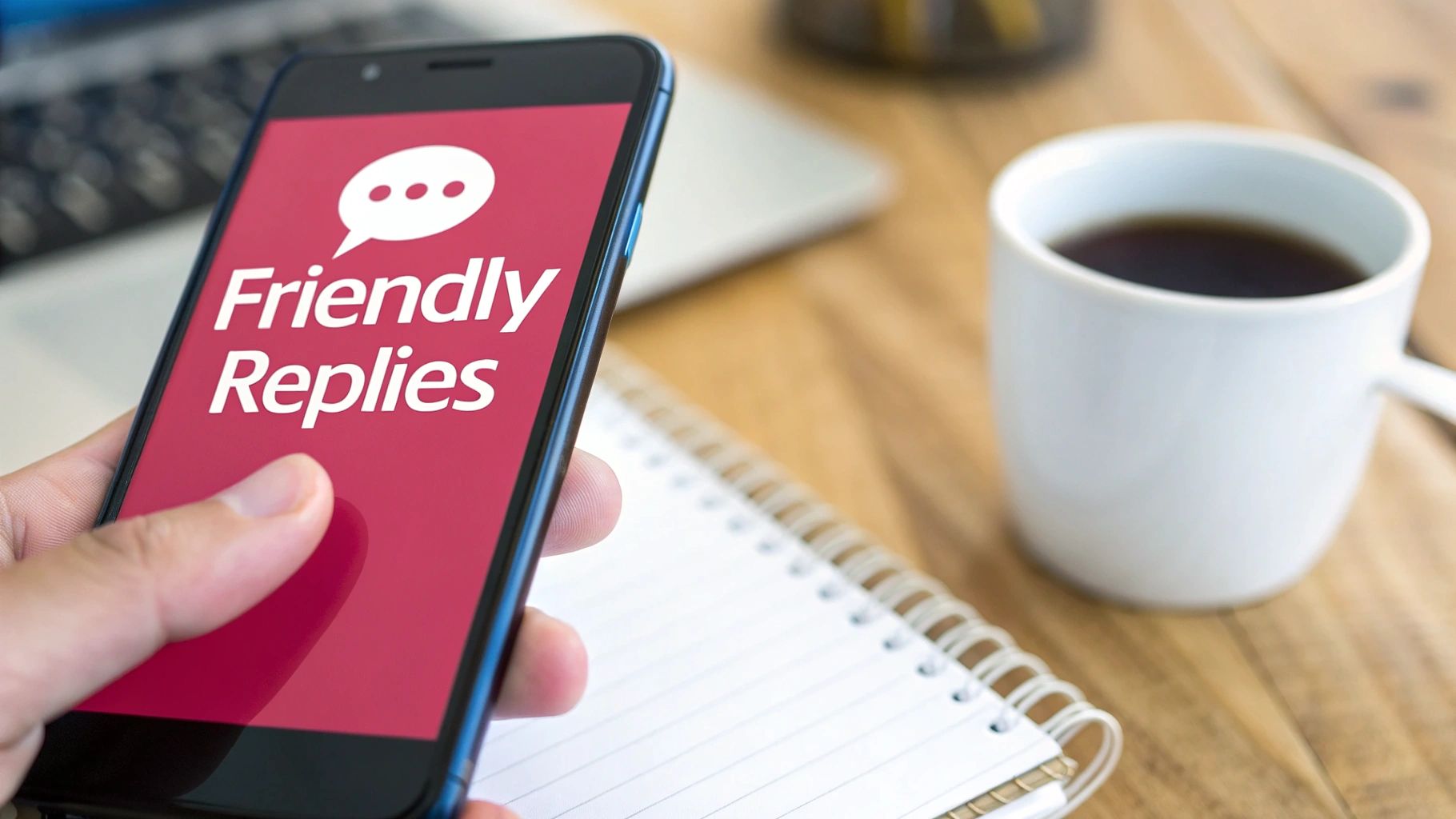 A person holding a smartphone displaying 'Friendly Replies' and a chat bubble icon, next to a coffee mug and notebook.