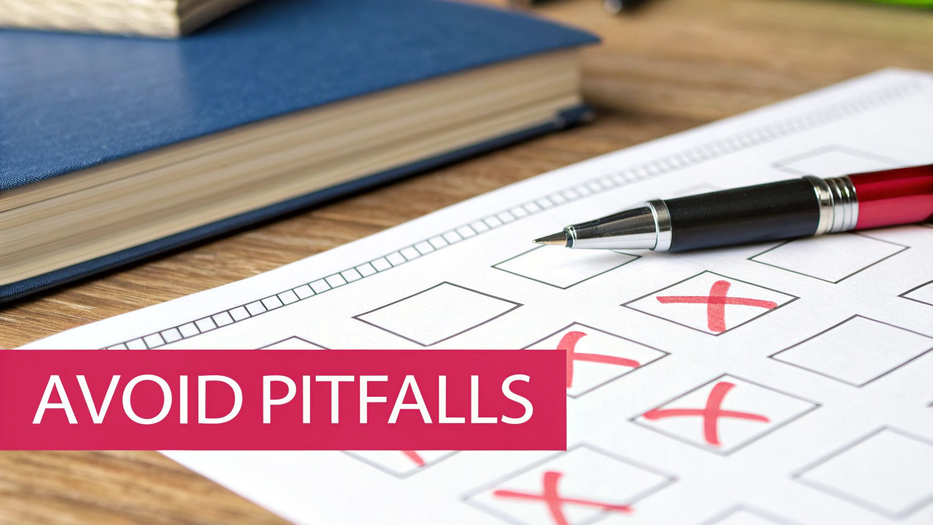 A close-up of a checklist with red X marks, a pen, and a book, with 'AVOID PITFALLS' text.