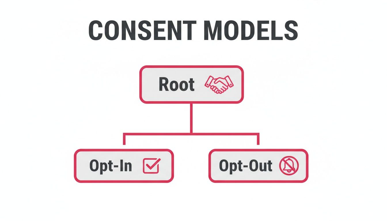 A flowchart illustrates consent models, with a 'Root' node branching into 'Opt-In' and 'Opt-Out' options.