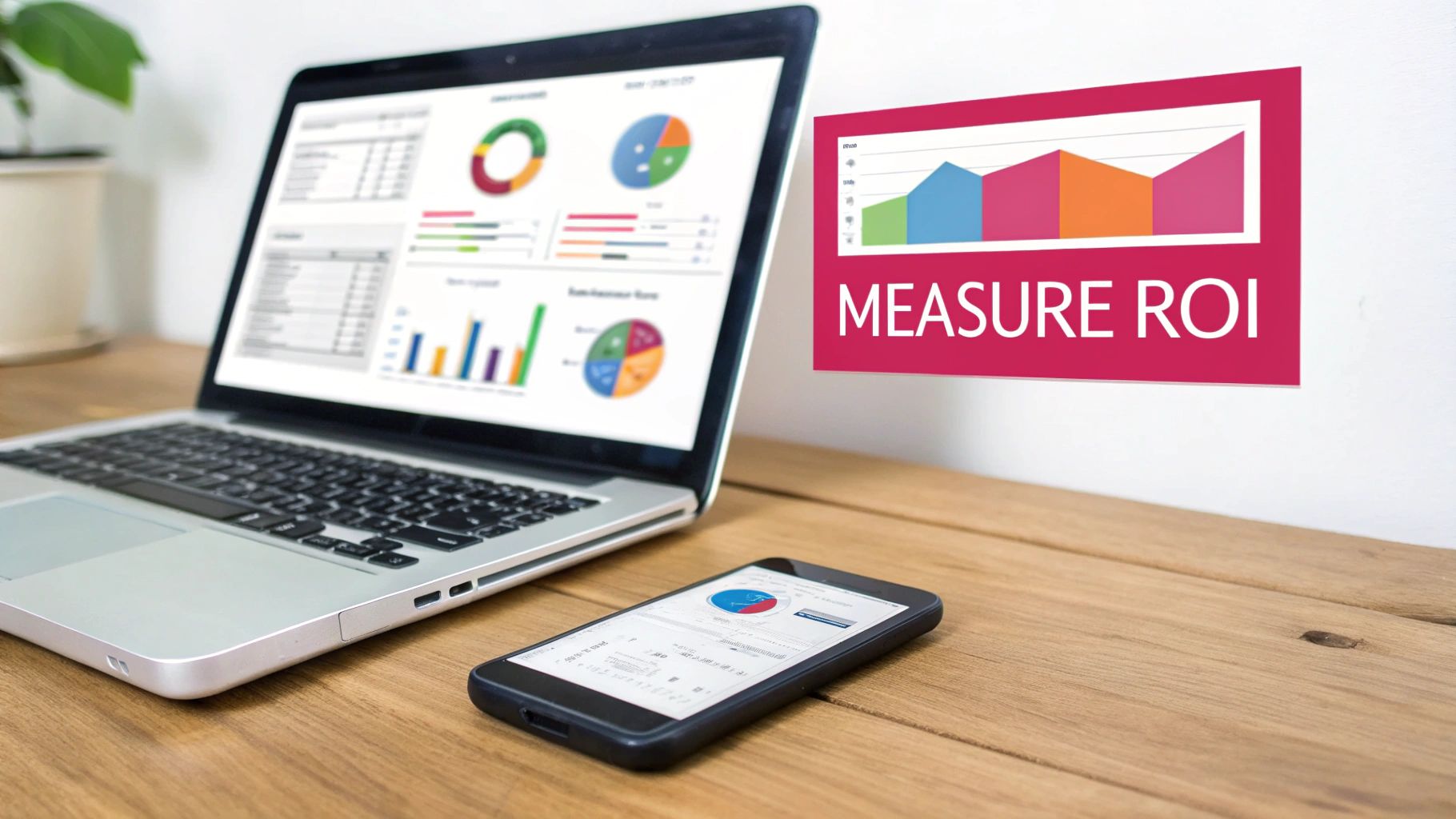 A laptop and smartphone on a wooden desk display business analytics and ROI measurement tools.