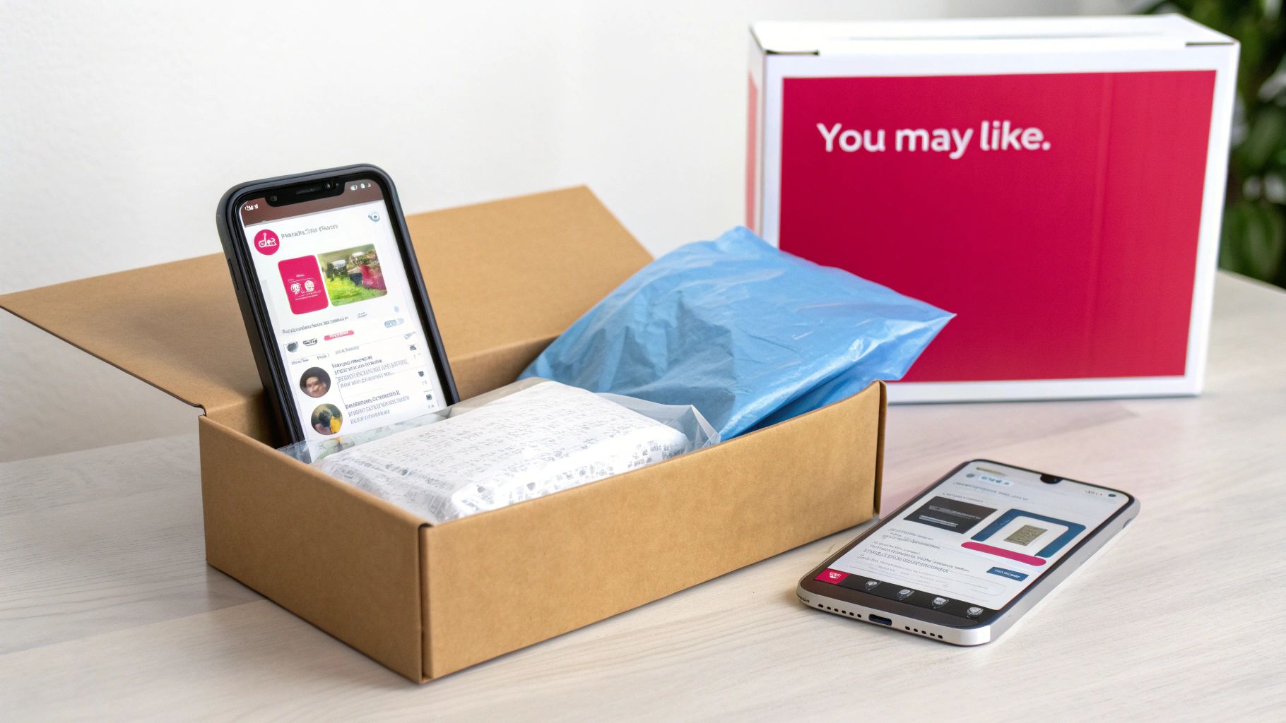 An open delivery box with a smartphone showing promotions, alongside another phone and a 'You may like' box.
