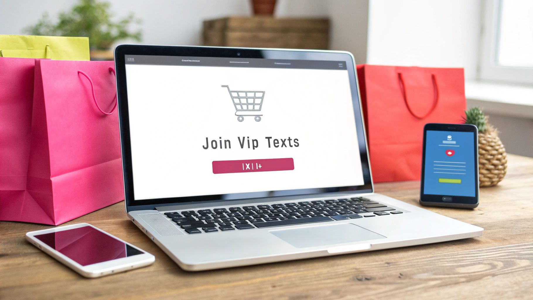 A laptop displays 'Join Vip Texts' with shopping bags and mobile phones on a wooden table.