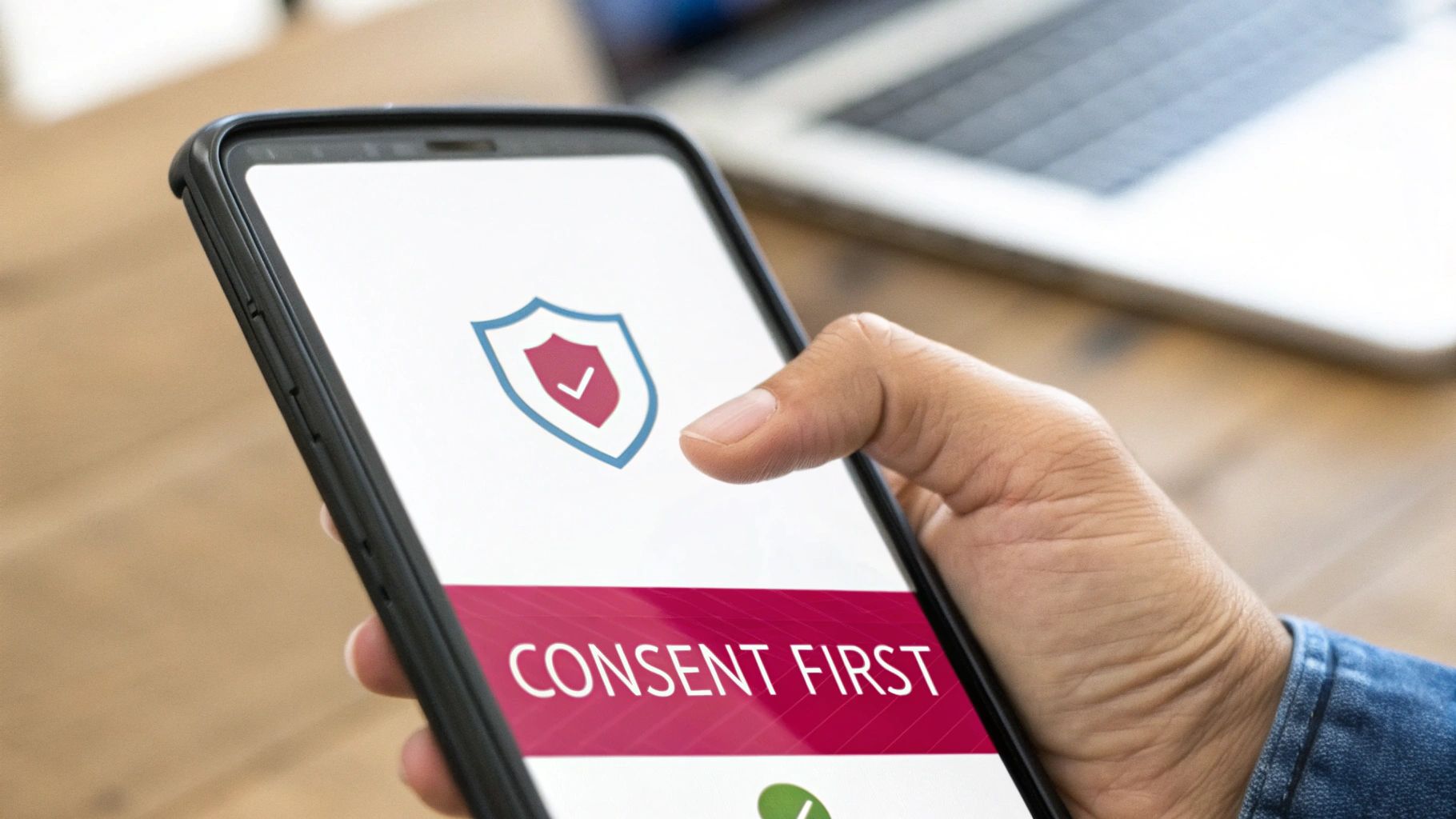 A hand holds a smartphone displaying 'CONSENT FIRST' text and a shield icon, emphasizing data privacy.