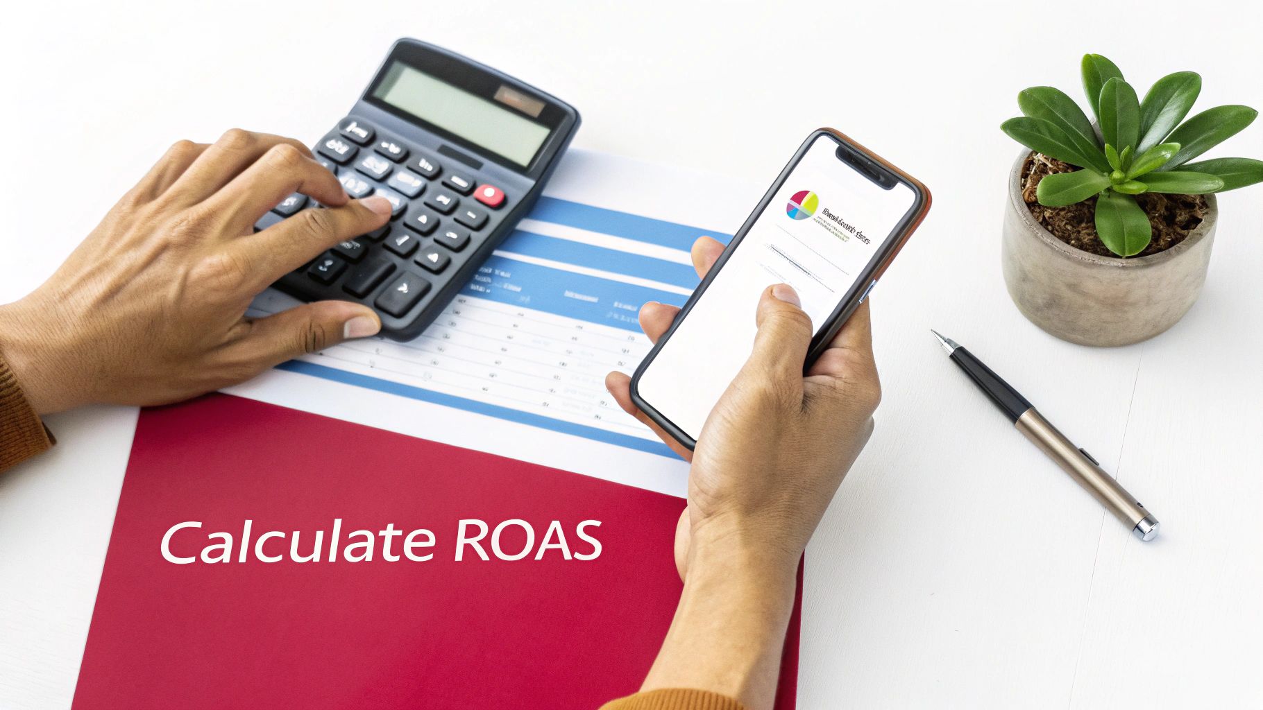 Hands calculating ROAS with a calculator and smartphone on a white desk with financial documents.