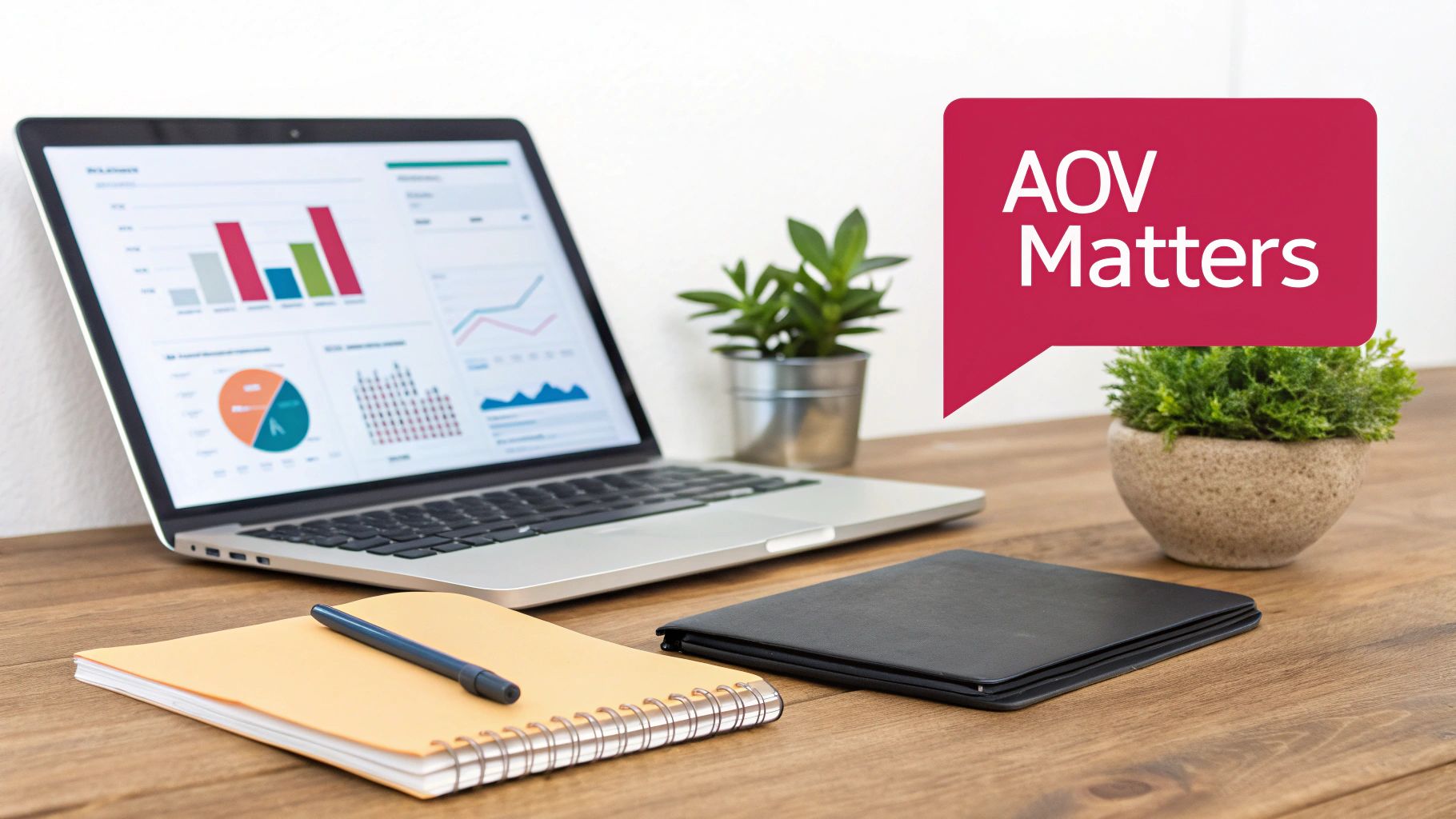 A laptop shows business data charts on a desk with a notebook, pen, and plants. 'AOV Matters'.