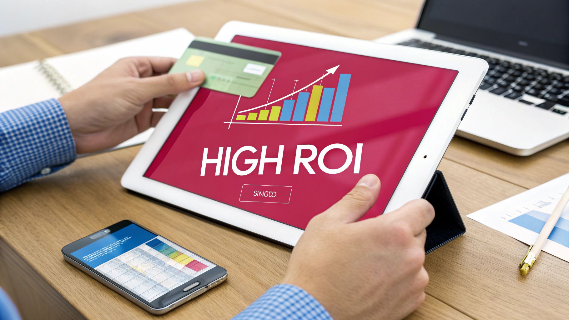 Person holding a tablet displaying 'HIGH ROI' graph and a credit card, symbolizing investment.