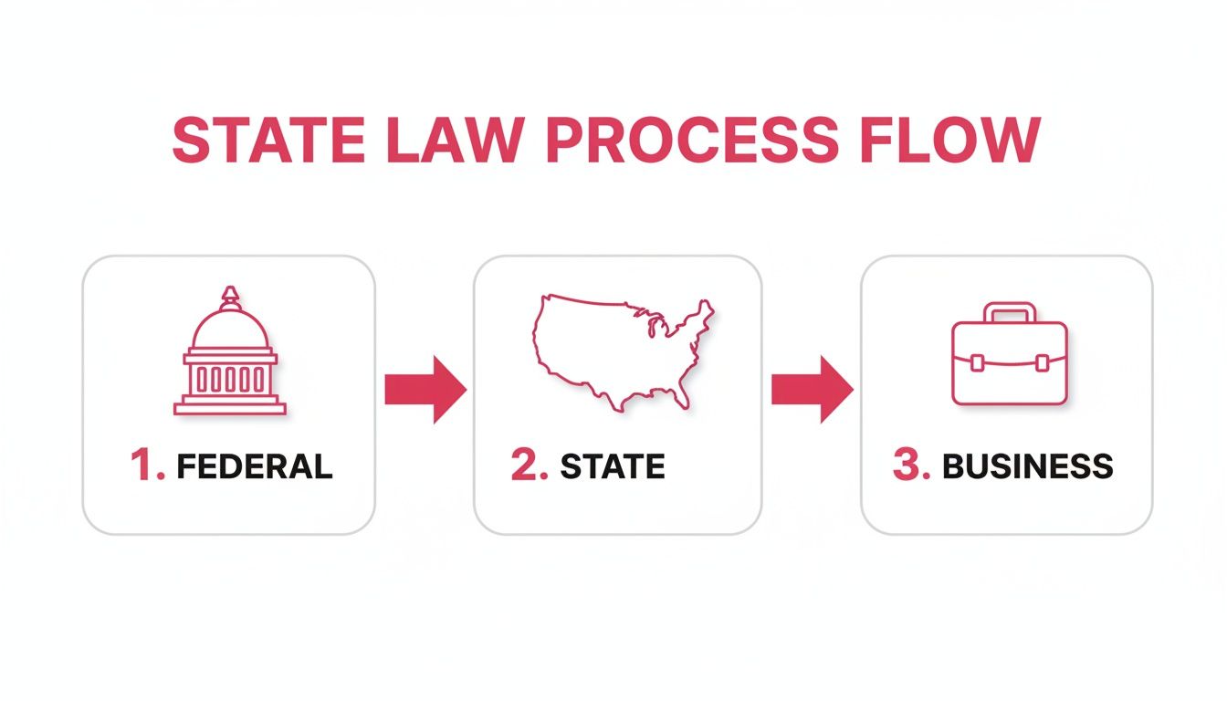 Diagram illustrating the state law process flow from federal to state to business stages.