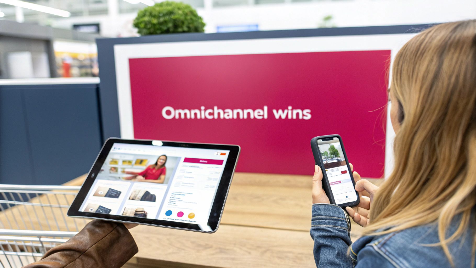 A customer using a smartphone to interact with a retail brand's app, with icons for in-store pickup, online chat, and social media floating around her.