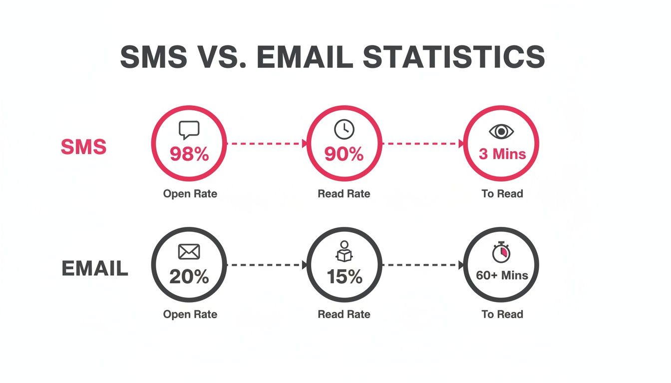 Visual statistics comparing SMS vs. Email performance: open rate, read rate, and time to read.
