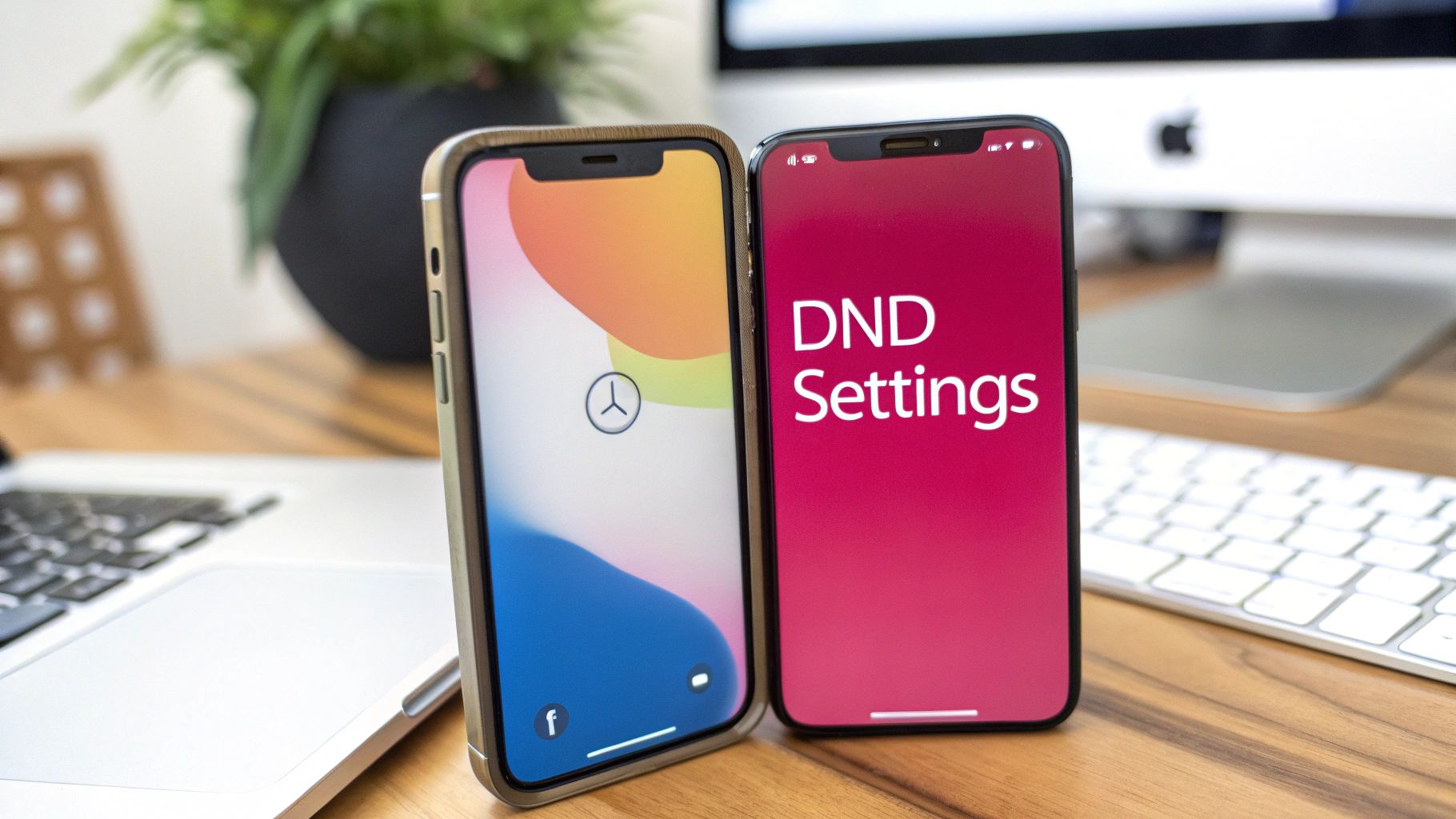 Two iPhones on a wooden desk, one displaying a DND icon, the other 'DND Settings'.