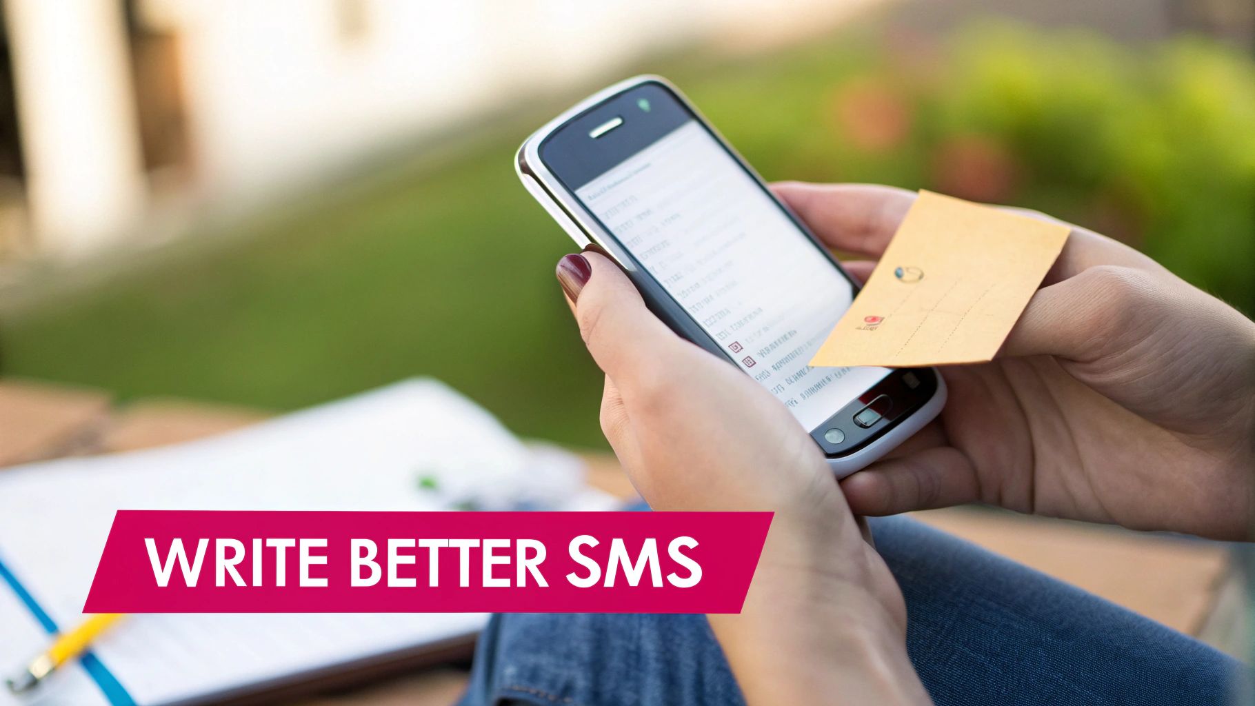 Hands holding a smartphone and a yellow card, actively typing a message outdoors.