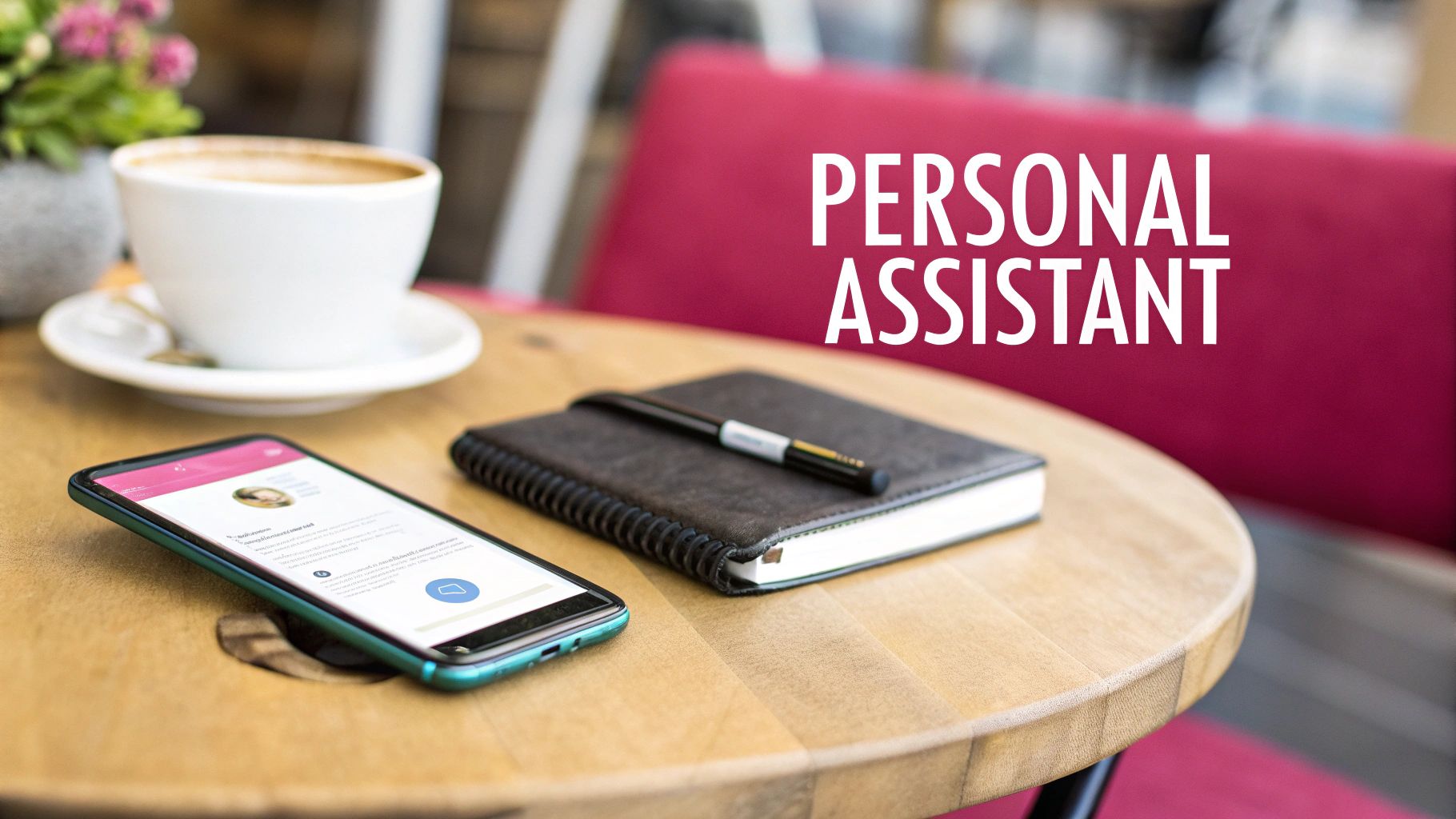 A cup of coffee, smartphone, and notebook with a pen on a wooden table, text 'PERSONAL ASSISTANT'.