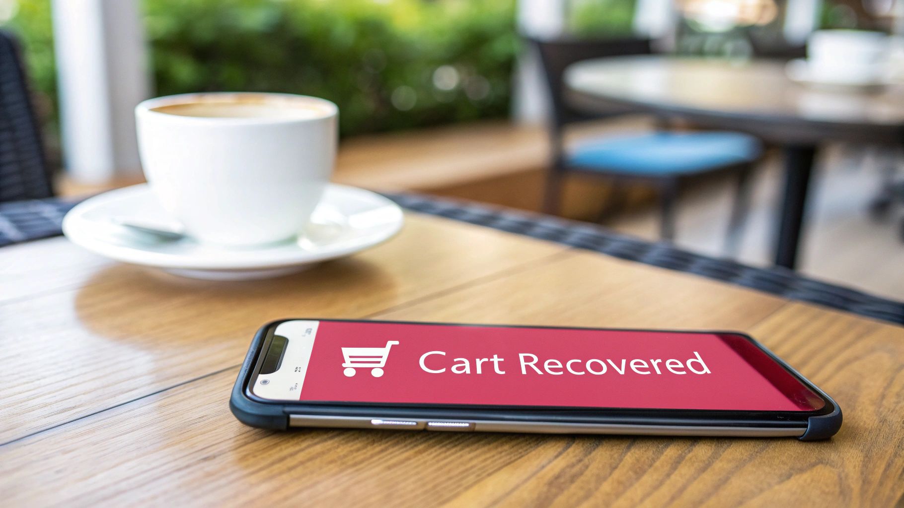 A smartphone displaying 'Cart Recovered' with a shopping cart icon on a wooden table next to a coffee cup.