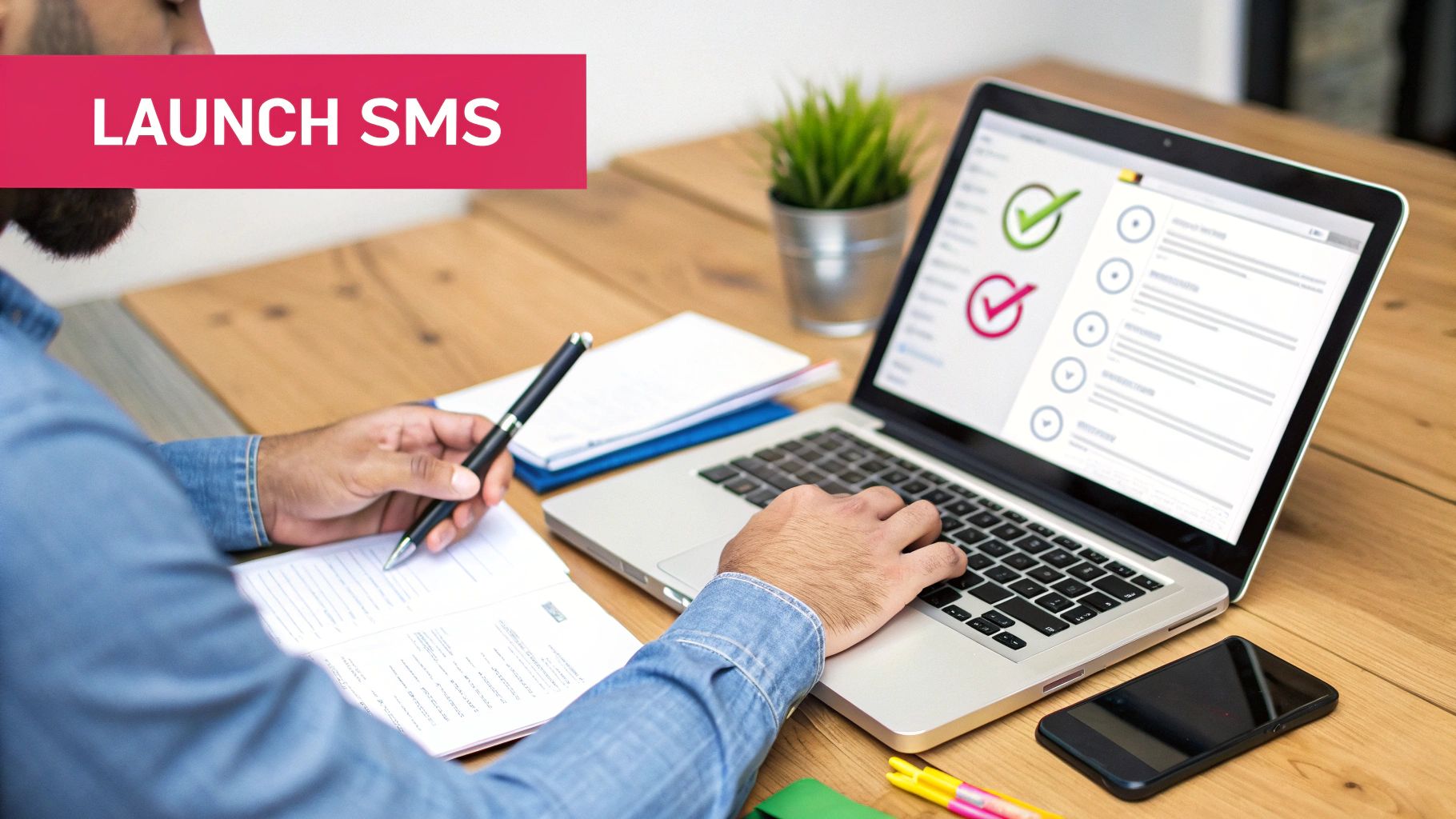 A person works at a desk, typing on a laptop with a checklist on screen and writing notes, with "LAUNCH SMS" banner.