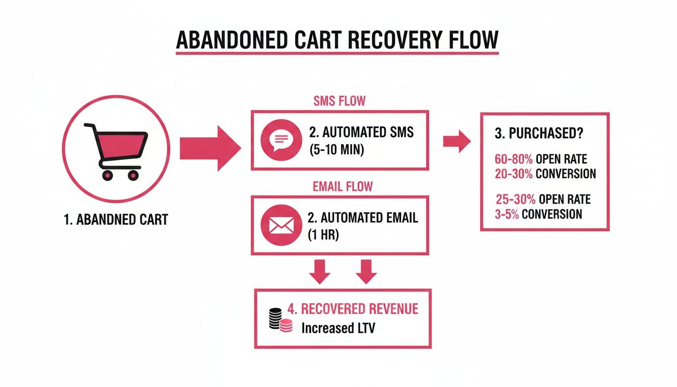 Flowchart illustrating an abandoned cart recovery process using automated SMS and email, detailing timings and performance metrics.