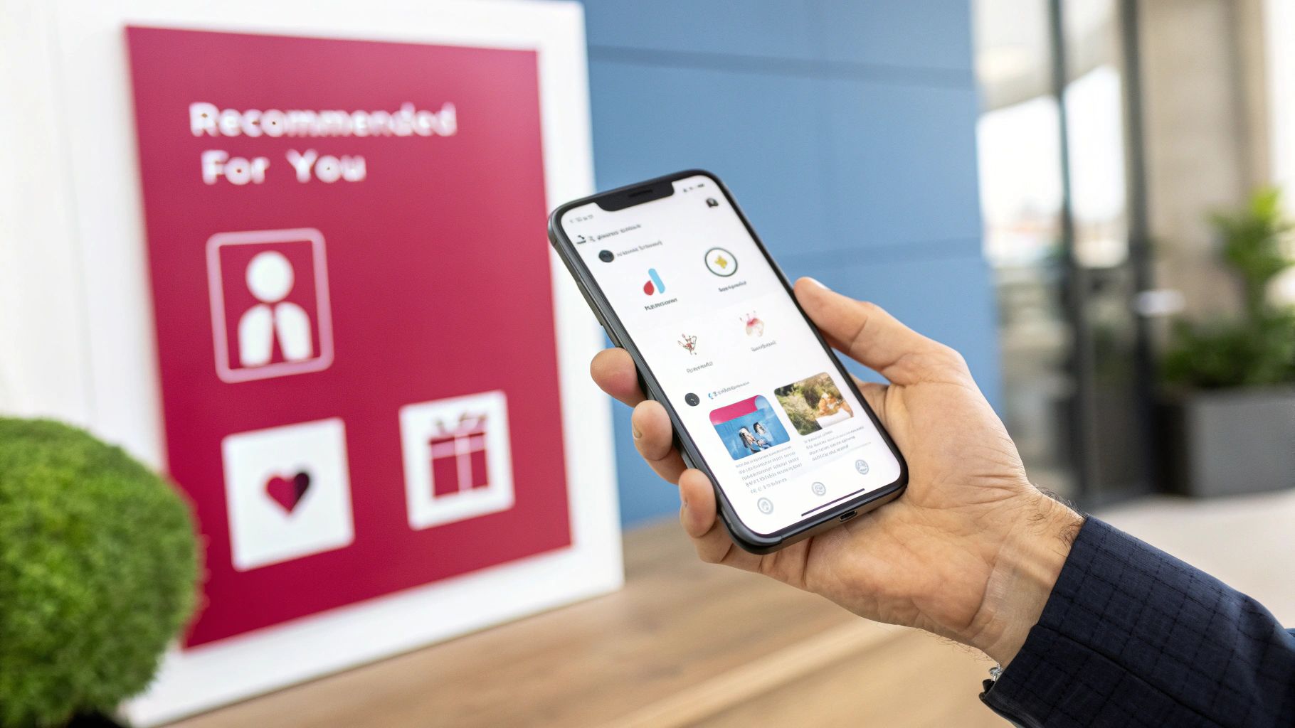A hand holding a smartphone displaying a promotions app, next to a 'Recommended For You' sign.