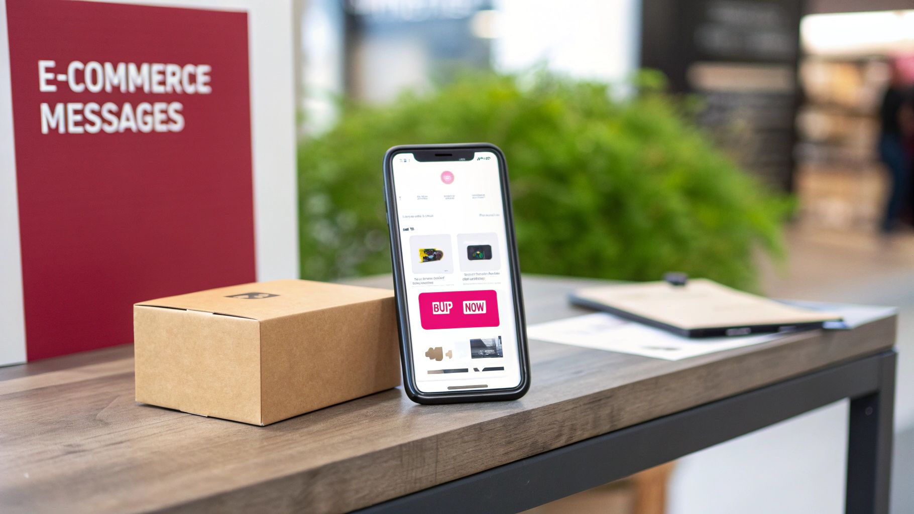 Smartphone displaying e-commerce shopping app next to cardboard package on wooden desk