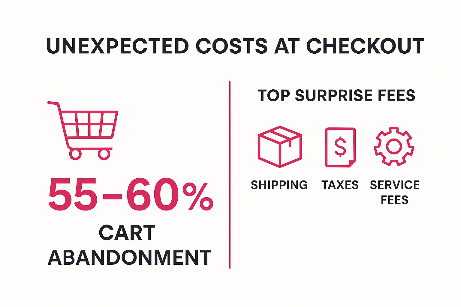 Infographic showing that unexpected costs cause 55-60% of cart abandonment, with top fees being shipping, taxes, and service fees.