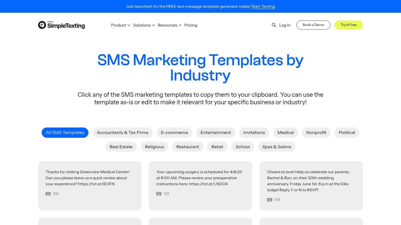 SimpleTexting's library of SMS templates organized by industry for easy access