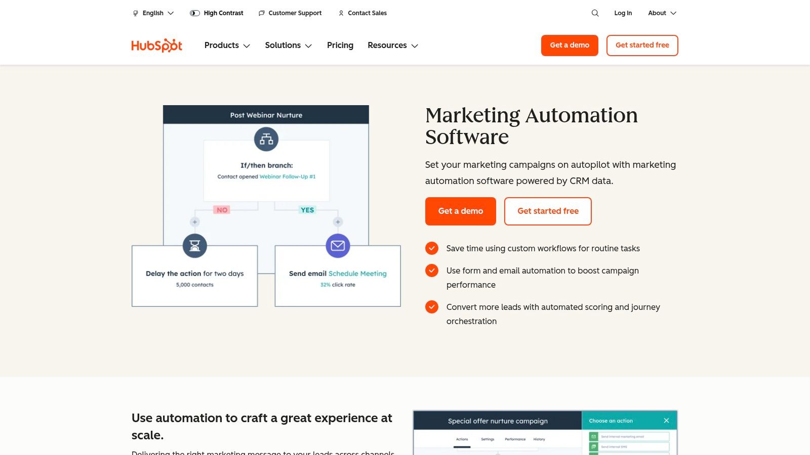 HubSpot's visual workflow builder showcasing a simple automation sequence.