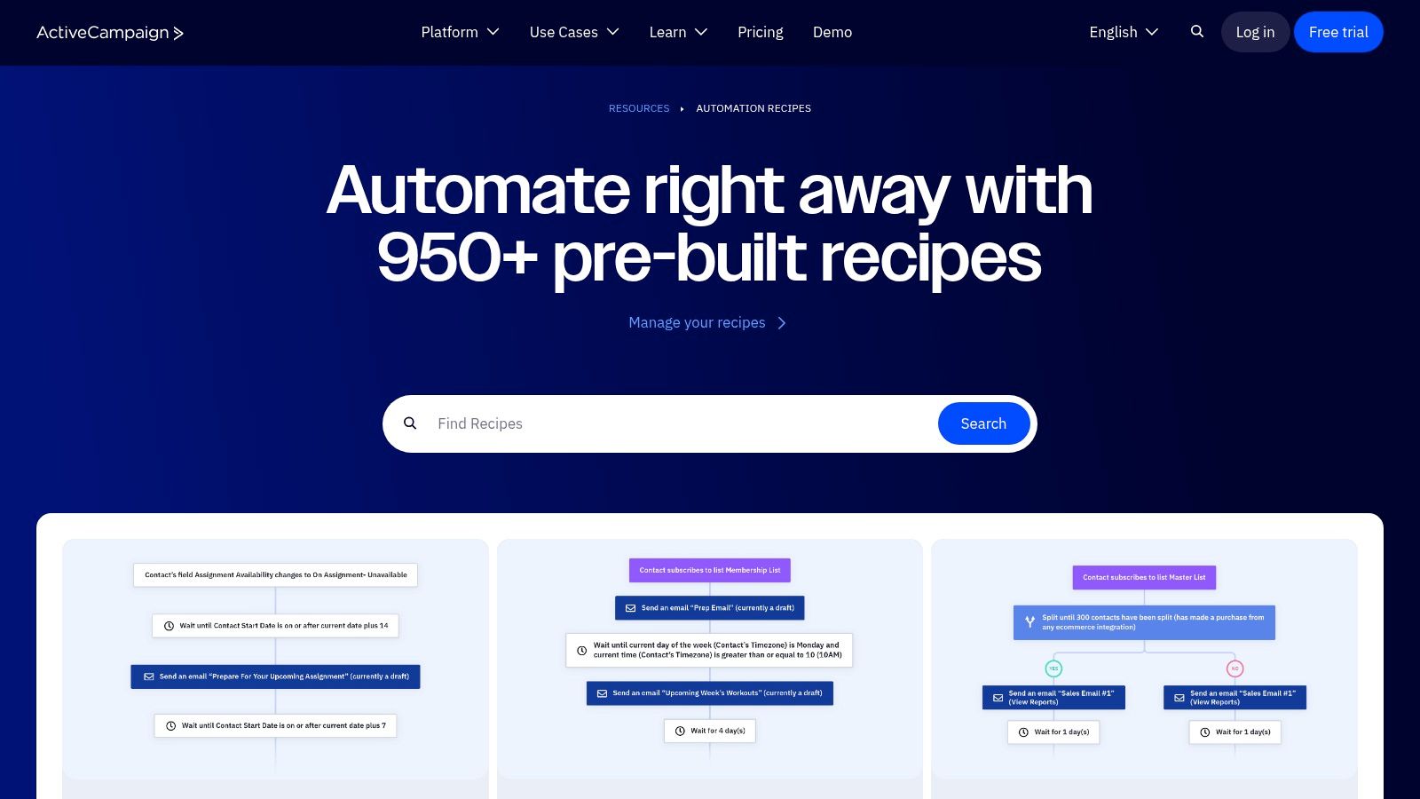 ActiveCampaign's automation marketplace showcasing various pre-built recipes.