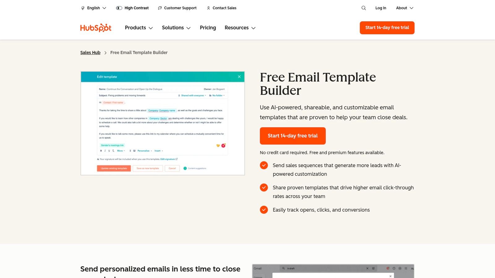 HubSpot email template editor showing customization options for a message template