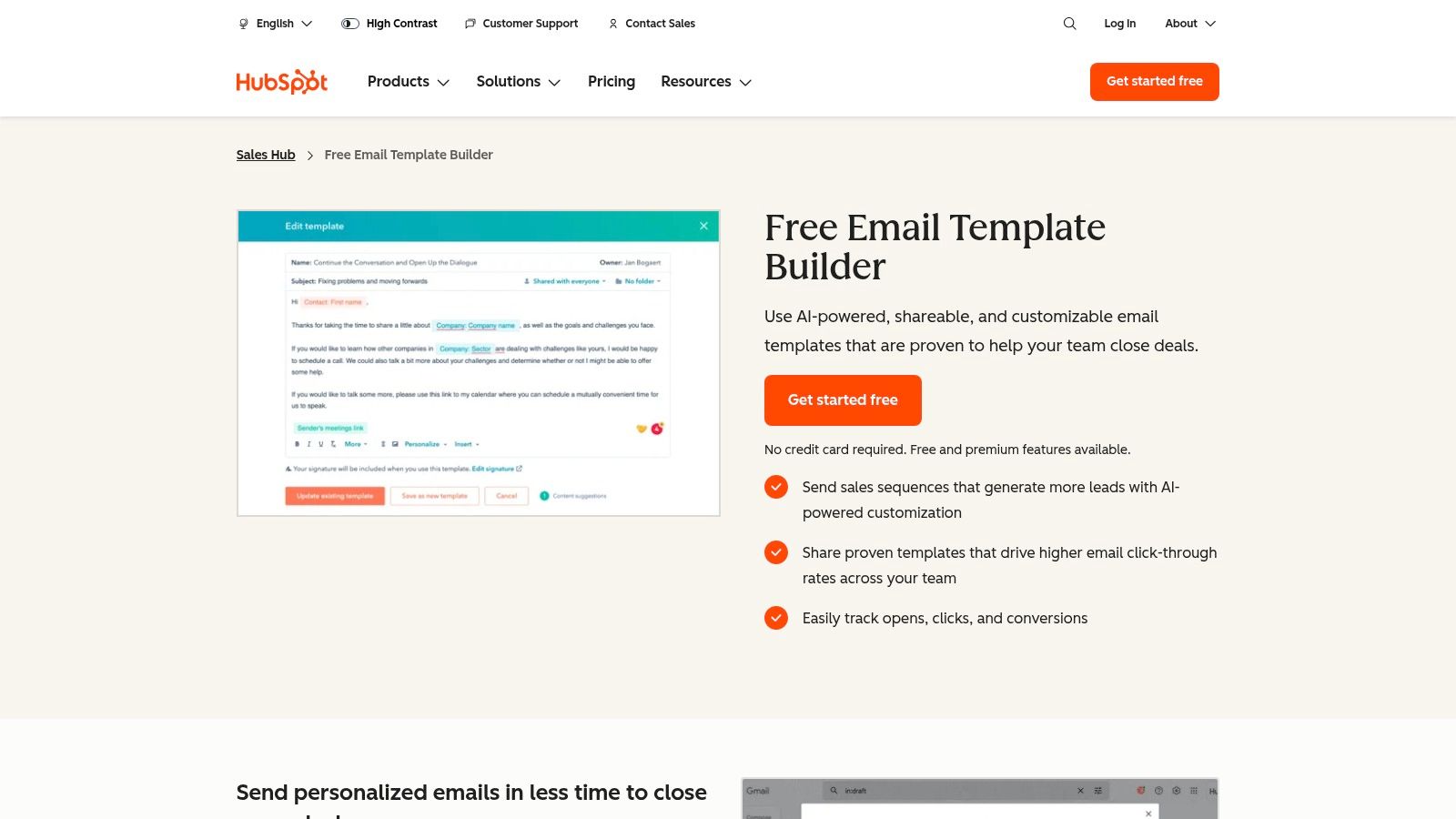 HubSpot's email template builder interface