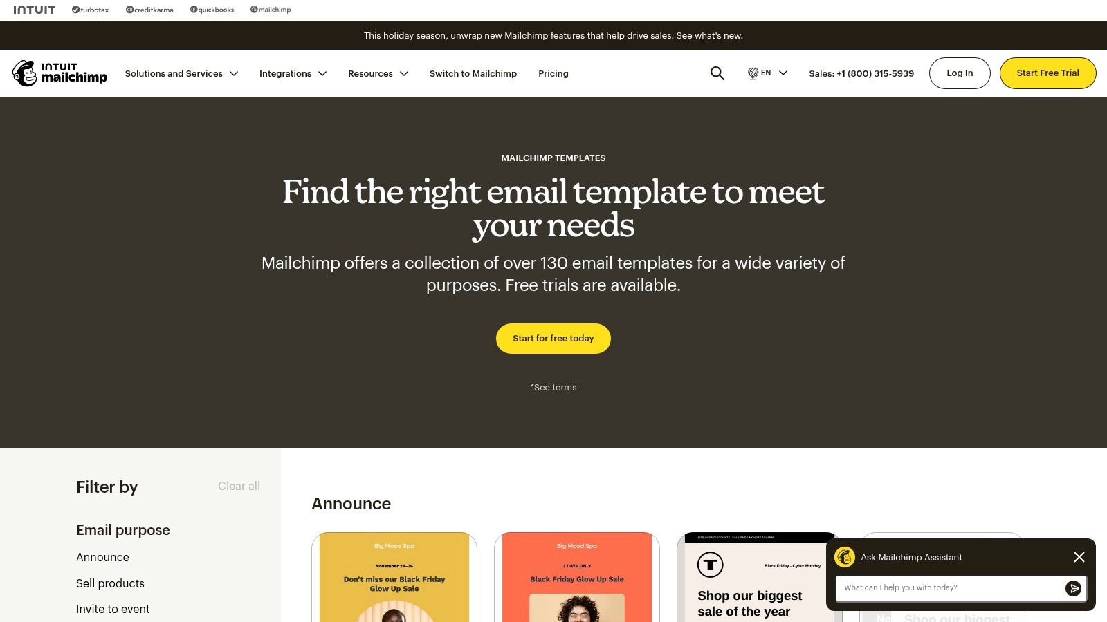 Mailchimp's email template builder showing a variety of pre-designed layouts