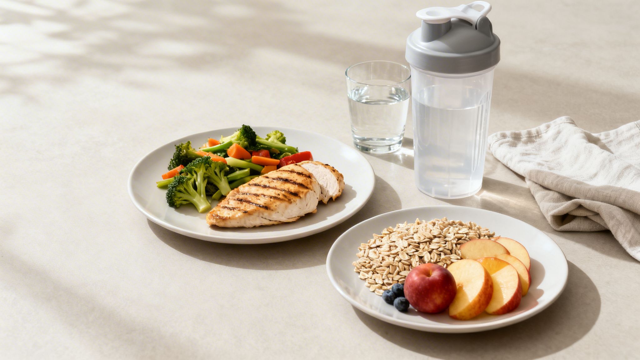 Twee borden met gezonde maaltijden: gegrilde kip met groenten, en havermout met vers fruit, plus water.