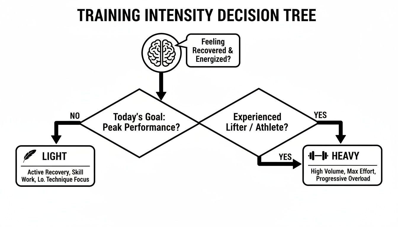 Flowchart illustrating training intensity decisions based on recovery, goals, and experience for athletes.
