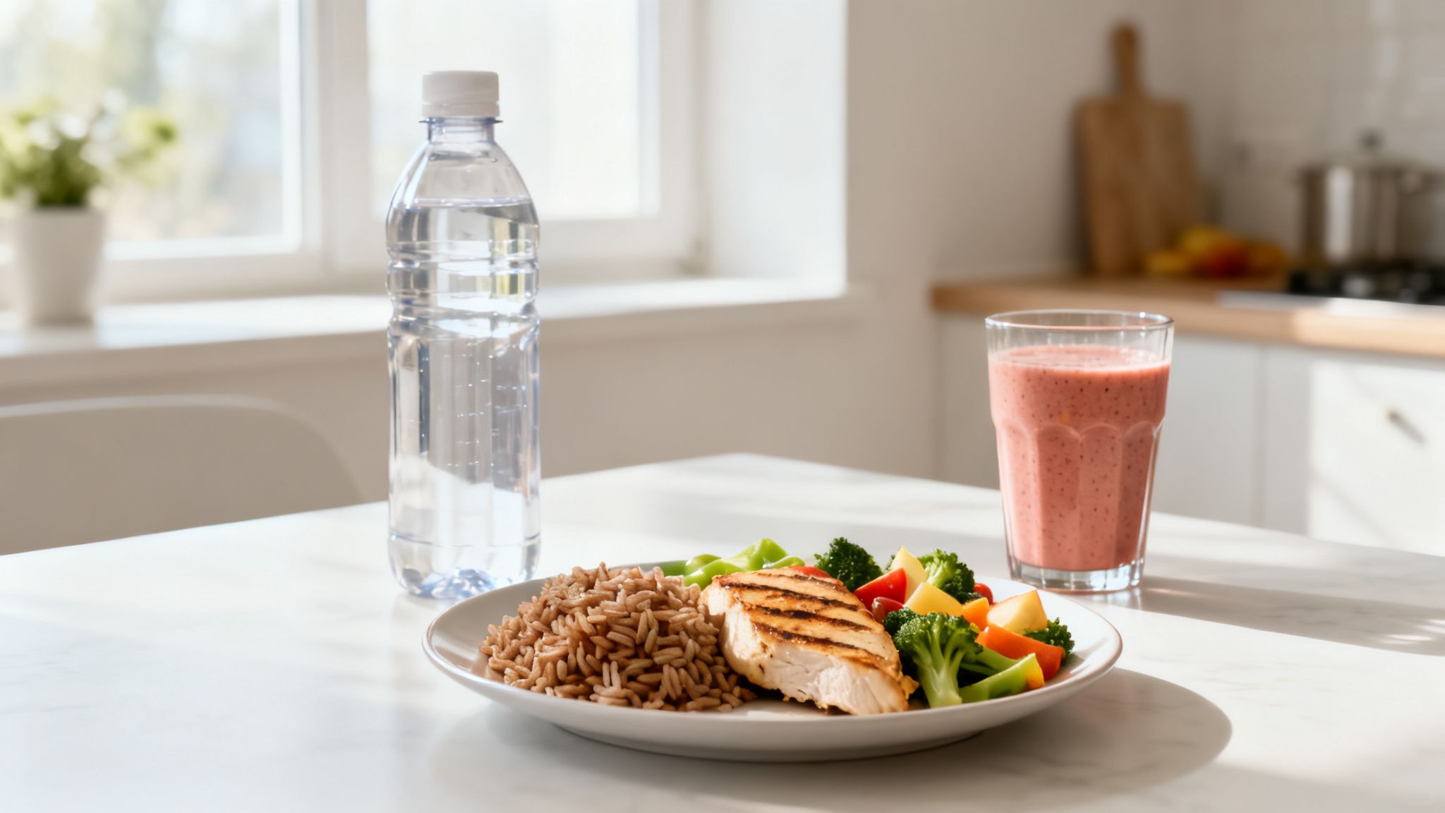 Een gezonde maaltijd met gegrilde kip, zilvervliesrijst, gestoomde groenten, water en een smoothie.