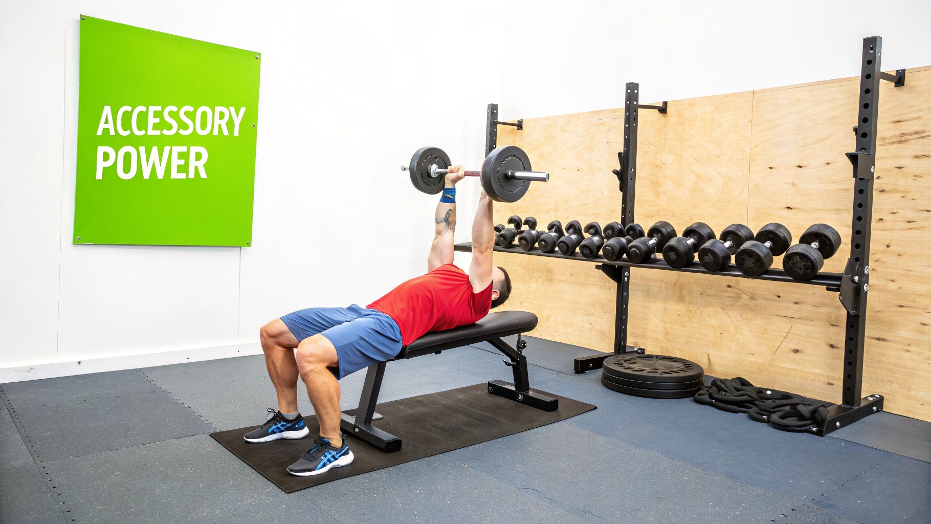 Man performing a barbell bench press on a flat bench in a gym with a sign and dumbbell rack.